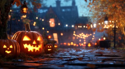 A glowing jack-o-lantern with a classic carved face shines brightly, surrounded by soft bokeh lights and other pumpkins in the background, creating a spooky Halloween scene.