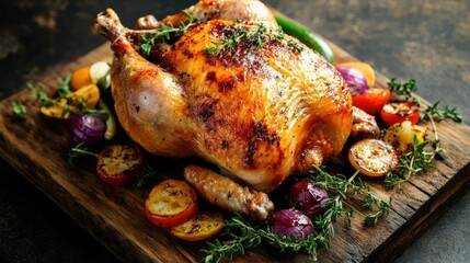 Poster - Roasted chicken with crispy skin served on a cutting board with vegetables