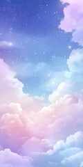 Wall Mural - Soft pastel clouds with glowing stars in a night sky. Vertical dreamy sky background. Design for a phone wallpaper, poster, and banner.