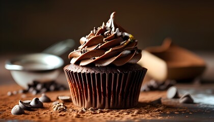 Decadent chocolate cupcakes with rich frosting and vibrant colors, enhanced by a double exposure silhouette of baking ingredients