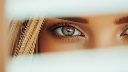 Wall Mural - Close up of Woman s Eye Looking Through Venetian Blinds