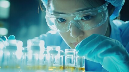 A close-up of a pharmaceutical scientist wearing sterile gloves, meticulously inspecting medical vials under bright laboratory lights,