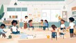 © sirisakboakaew - A group of children happily learning in a primary school setting, showing diverse educational activities and engagement