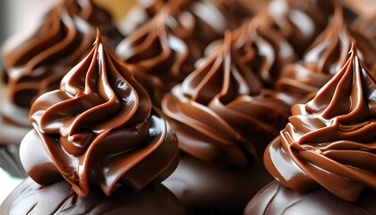 Decadent close-up of luxurious chocolate frosting showcasing its creamy texture and rich color.