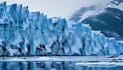 Wall Mural - Majestic glacier ice wall with blue tones and a frosty atmosphere, featuring a striking double exposure silhouette against a cold backdrop