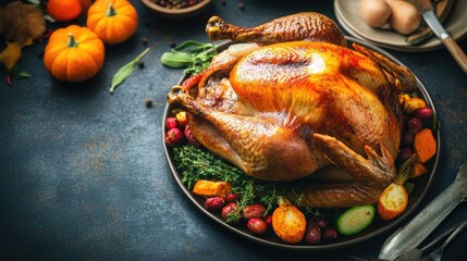 Poster - Traditional roast turkey garnished with herbs and vegetables on a dining table