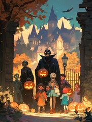 kids and monsters on halloween. inscription 