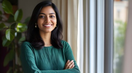 Wall Mural - Portrait of a Smiling Woman with Long Dark Hair and Green Shirt