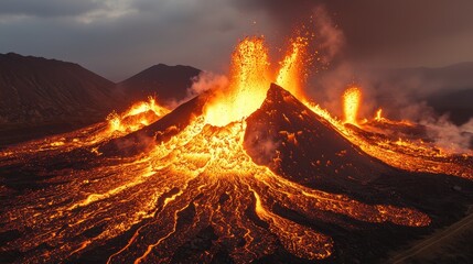 Poster - Erupting Volcano with Lava Flow and Smoke