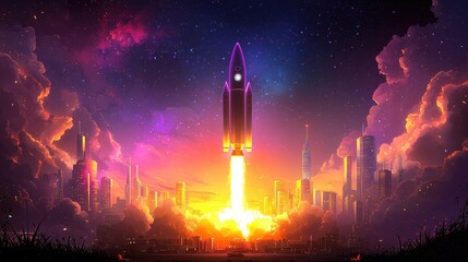 Wall Mural - Rocket Launch Over Cityscape with Starry Night Sky