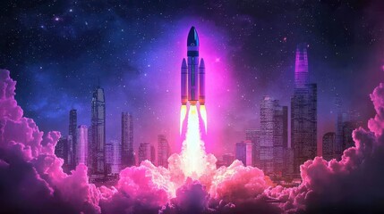 Wall Mural - Rocket Launch Over Cityscape with Pink Clouds and Stars