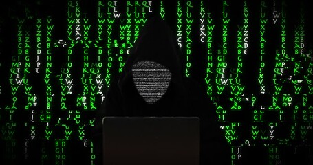 Fototapete - Hacker, laptop and glitch of coding language for data transfer, binary code and programming security of scam. Cyberpunk, pattern and cloud computing with malware virus, network system and software