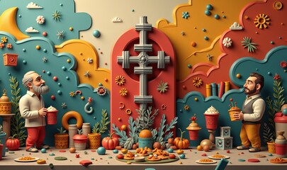 A whimsical 3D illustration depicting two characters amidst vibrant colors and playful elements, symbolizing creativity, collaboration, and celebration in business.