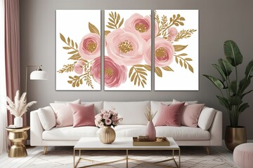 Wall Mural - Elegant Blush Pink and Gold Floral Canvas Design for Luxurious Home Decor