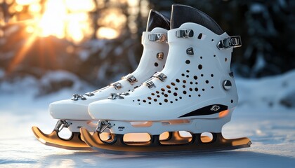 A pair of sleek white ice skates resting on a snowy surface, illuminated by warm sunlight, perfect for winter sports enthusiasts.