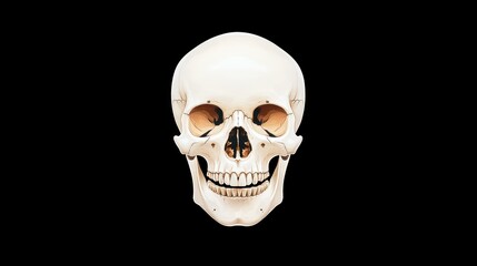 A  illustration of a human skull without a jaw, set against a clean black background, evoking mystery and intrigue.