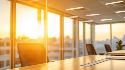 Canvas Print - Modern Office Interior with Wooden Table and City Skyline View at Sunset