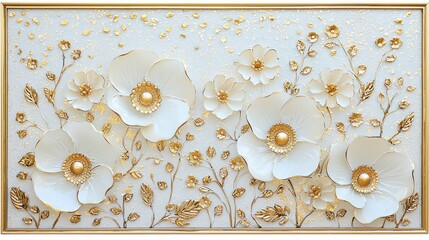 Canvas Print - White Flowers in Gold Frame  D Wall Art Decor