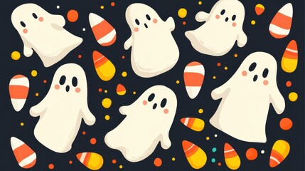 Sticker - A whimsical Halloween scene filled with playful cartoon ghosts and vibrant candy corn, perfect for festive fun.