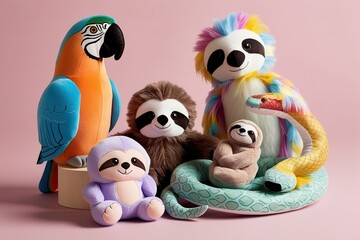 Charming Pastel Jungle Stuffed Animals Collection Parrot Sloth and Snake