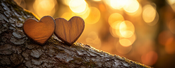 Rustic Wooden Hearts on Weathered Table with Sunlight and Autumn Leaves, Symbol of Love and Romance, Tranquil Outdoor Setting