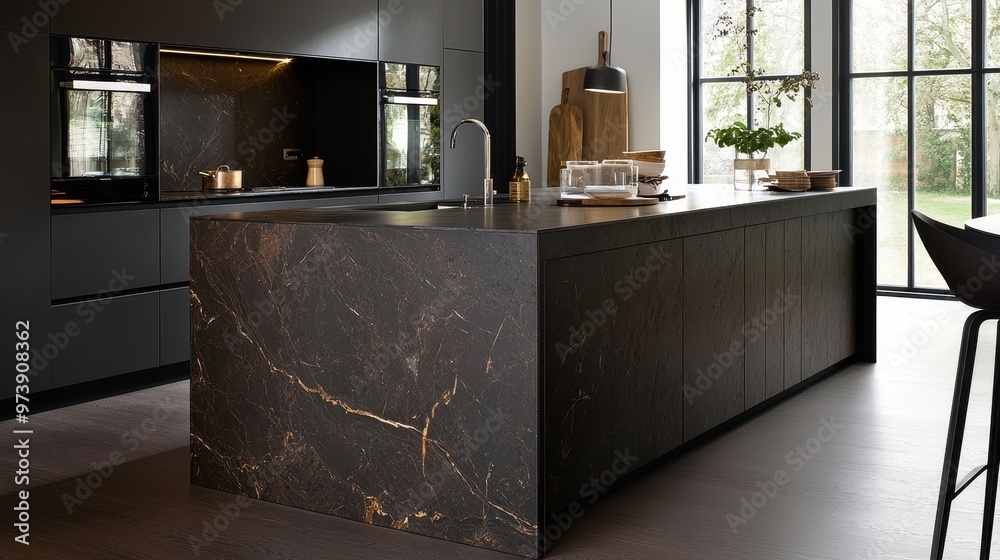 Modern Kitchen Island with Black Marble Countertop and Cabinetry Stock ...