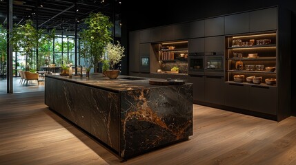 Poster - Modern Black Kitchen Island with Marble Countertop and LED Lighting