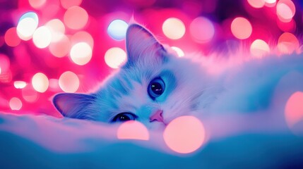 Wall Mural - a fluffy cat lounges peacefully against a backdrop of colorful bokeh lights, exuding a charming and 