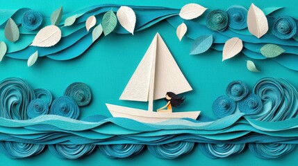 Poster - Papercraft Sailboat on Ocean Waves with Floral Elements