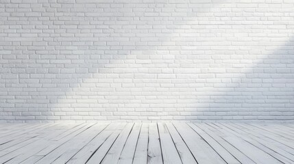 Poster - A bright and minimalist space features an empty white brick wall paired with a wooden floor, offering a serene and uncluttered backdrop