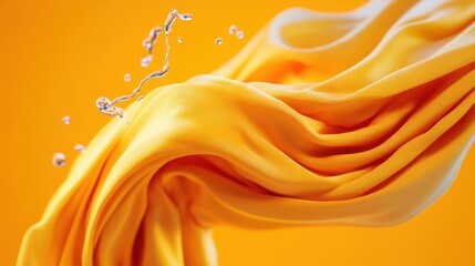 Poster - A vibrant yellow fabric gracefully flows while droplets of water splash around it, creating a striking contrast with the orange background