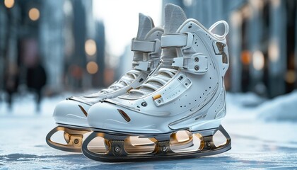 Stylish white ice skate resting on a snowy street, perfect for winter sports and ice skating enthusiasts.