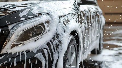 A close-up of a freshly washed car, covered in bubbles and foam, showcasing the shine and cleanliness of its surface.