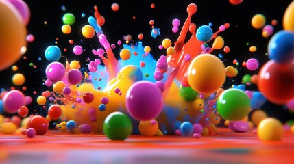 Poster - An energetic burst of vibrant particles scatters in all directions, creating a joyful display of color and movement against a dark background