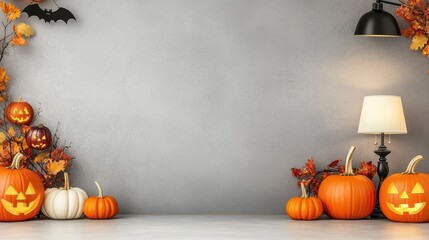 Sticker - Halloween Pumpkins and Autumn Leaves on Grey Wall with Copy Space