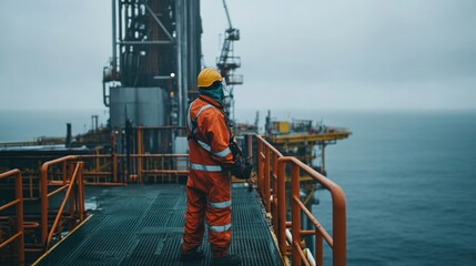 Oil rig worker in full protective gear, inspecting the drilling equipment on a large offshore platform, vast sea in the background, overcast weather