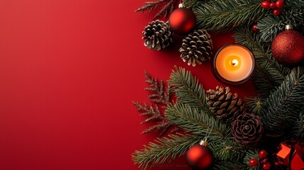 Canvas Print - Christmas Decoration with Pine Branches  Baubles and Candle on Red Background