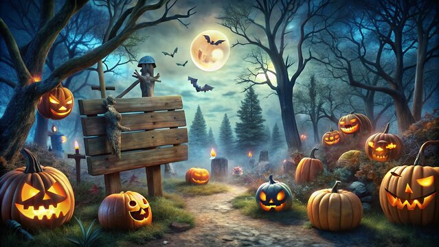 halloween scene with pumpkins and bats on the wall.