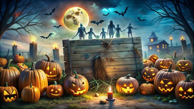 a halloween scene with pumpkins and bats and a wooden fence with the moon behind it.
