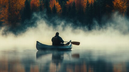 Scenic canoeing in misty morning fog