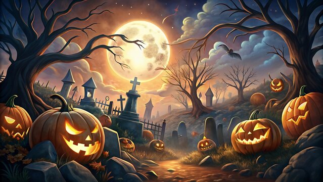 Scary scene with pumpkins and cemetery in the background.