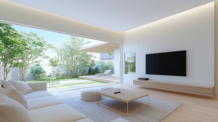 Poster - Modern Living Room with White Sofa  Large TV and Patio View