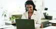 © peopleimages.com - Smile, woman and laptop with headphones in call centre for customer service, telemarketing and sale agent. Happy, advisor and headset for communication, client questions or e commerce advice at house
