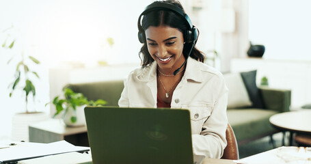 Poster - Smile, woman and laptop with headphones in call centre for customer service, telemarketing and sale agent. Happy, advisor and headset for communication, client questions or e commerce advice at house