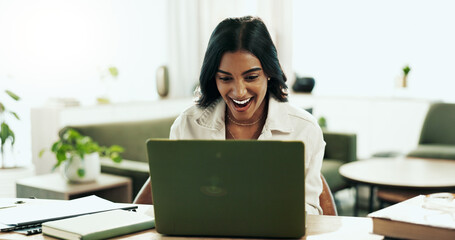 Poster - Remote work, woman and excited at laptop for success, company growth and good news in email. Virtual assistant, computer and happy in home for promotion, achievement and bonus or career opportunity