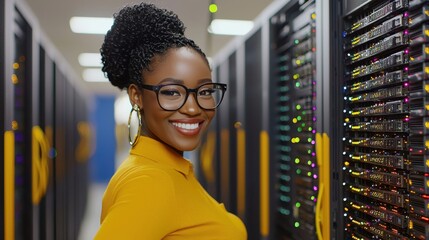 Poster - Smiling Female IT Professional in Server Room