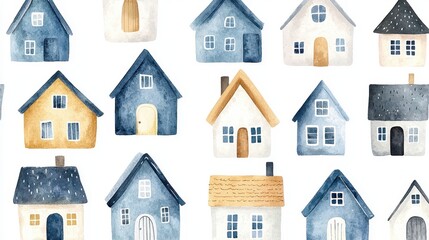 Canvas Print - Watercolor Illustration of Blue and Yellow Houses