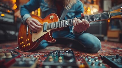 Musician playing electric guitar surrounded by effects pedals.