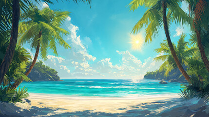 a digital illustration of a tropical beach scene with bright turquoise water, vivid green palm trees