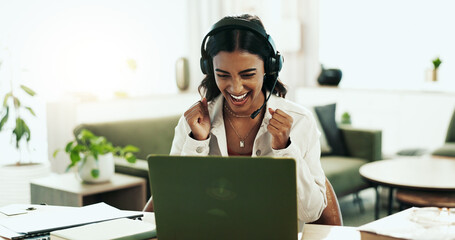 Poster - Call centre, agent and success with headphones at house for telemarketing, achievement and sales promotion. Smile, woman and fist with headset for bonus celebration, corporate winner and crm target